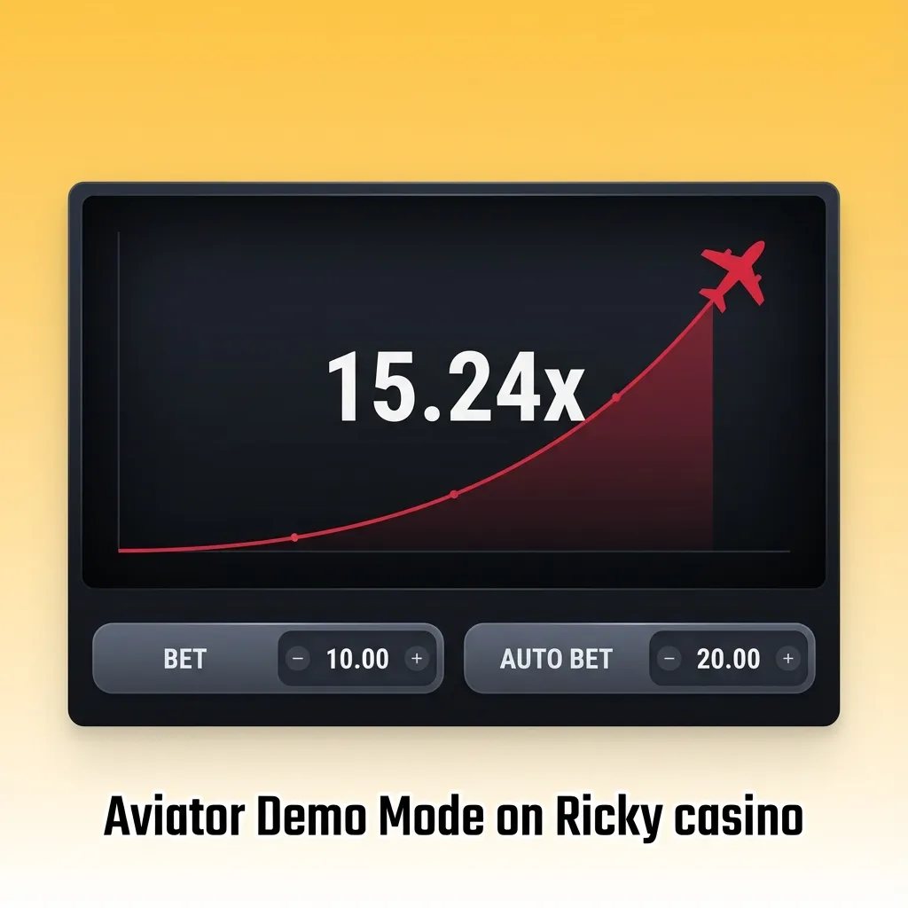 Screenshot of Aviator demo mode on Ricky Casino showing rising multiplier and red plane using virtual credits