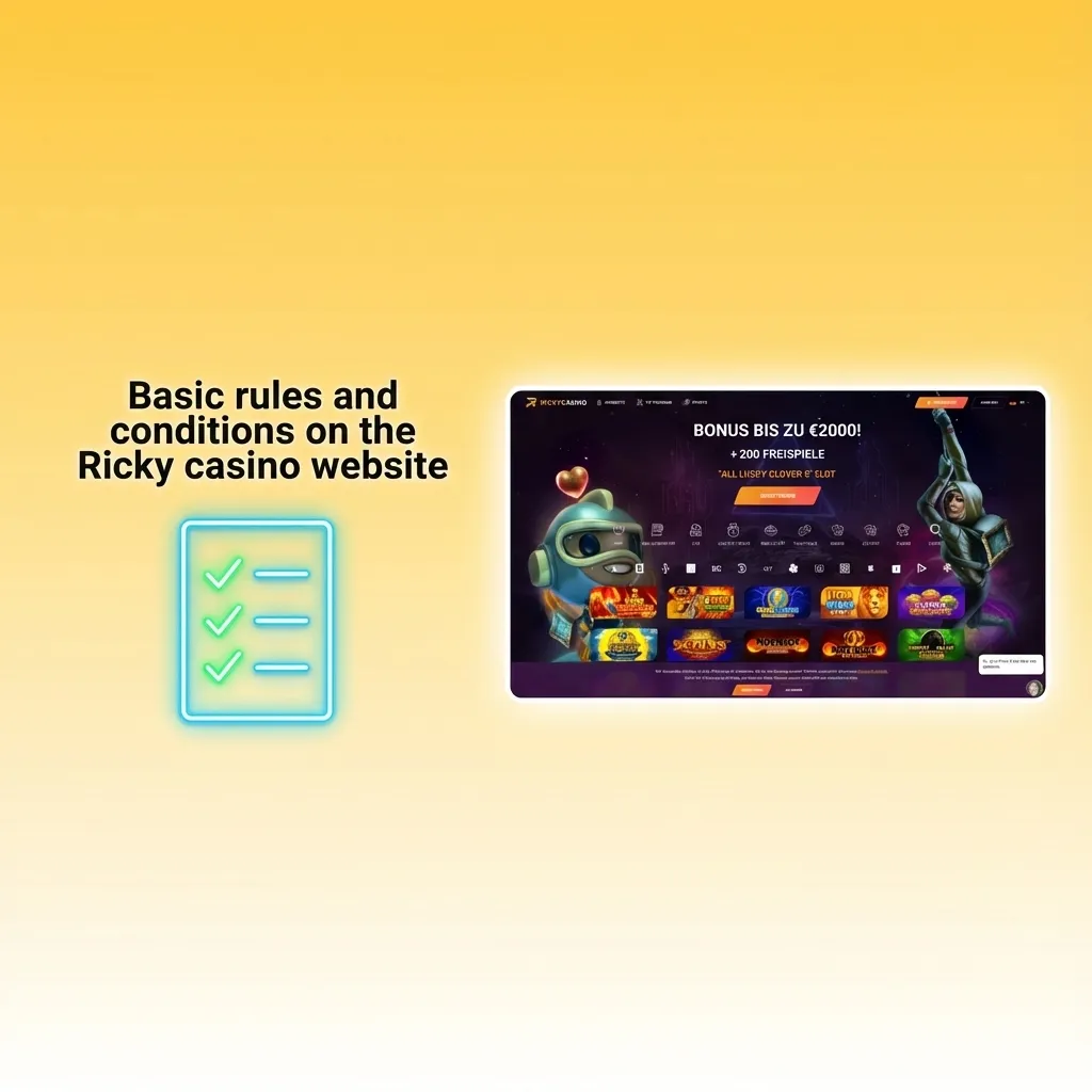 Screenshot of Ricky casino rules listing age limit, one account, bonus wagering terms, payment limits, and verification checks