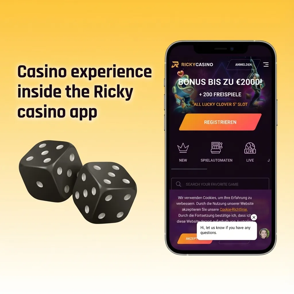 Smartphone showing Ricky casino app with pokies, live dealer tables, sports betting, and promotions on the home screen
