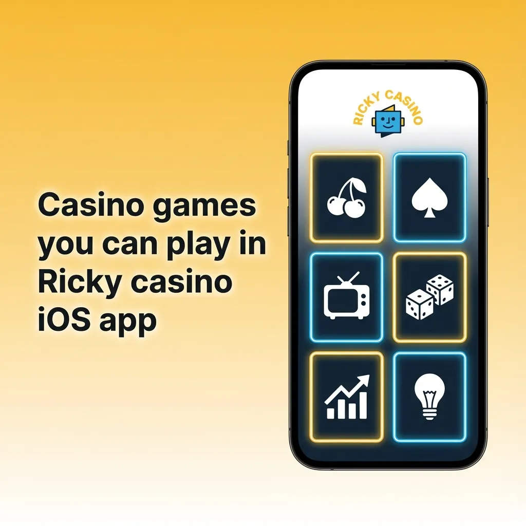 Smartphone screen showing Ricky casino iOS app with slot, live table, and instant win game icons