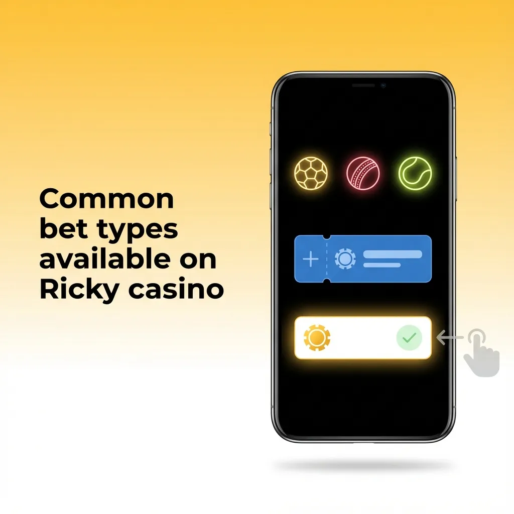 Infographic listing single, express (multi), and system bet types with brief descriptions on Ricky casino betting slip