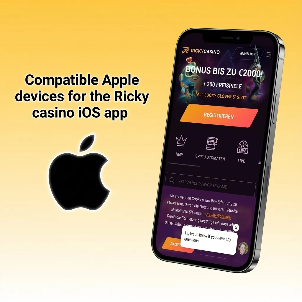 Graphic listing compatible Apple devices for the Ricky casino iOS app, including iPhone X–15 range and recent iPads