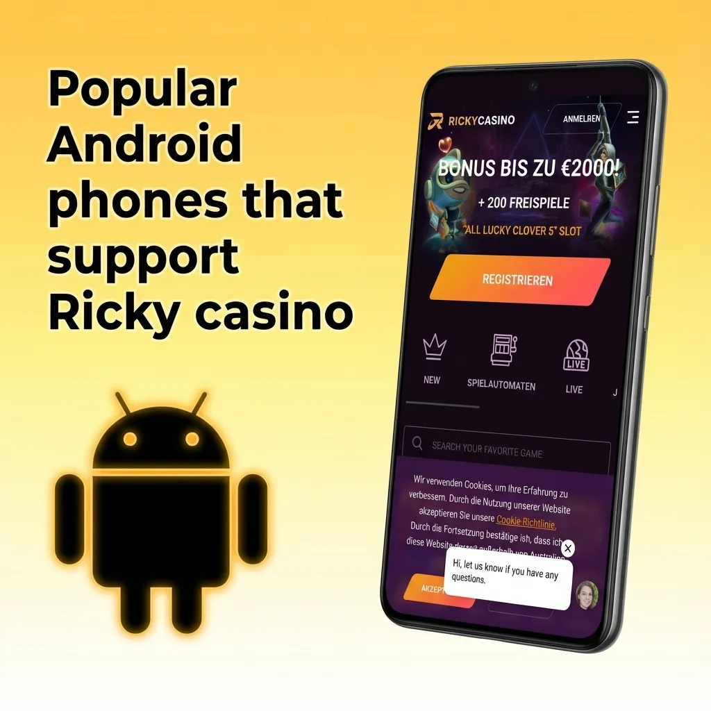 Grid of modern Android phones and a tablet labeled as compatible with Ricky casino mobile site