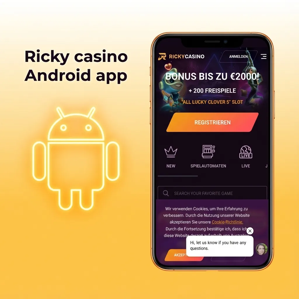 Smartphone screen showing the Ricky casino Android app with betting slip, games and banking icons in a clean layout