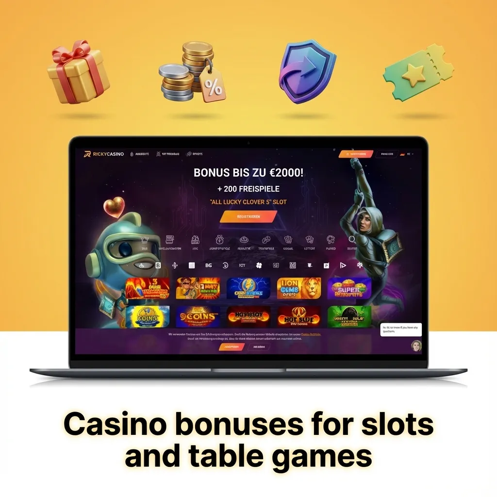 Illustrated casino promo page showing bonuses for slots, table games, live dealer play, cashback, and tournament rewards