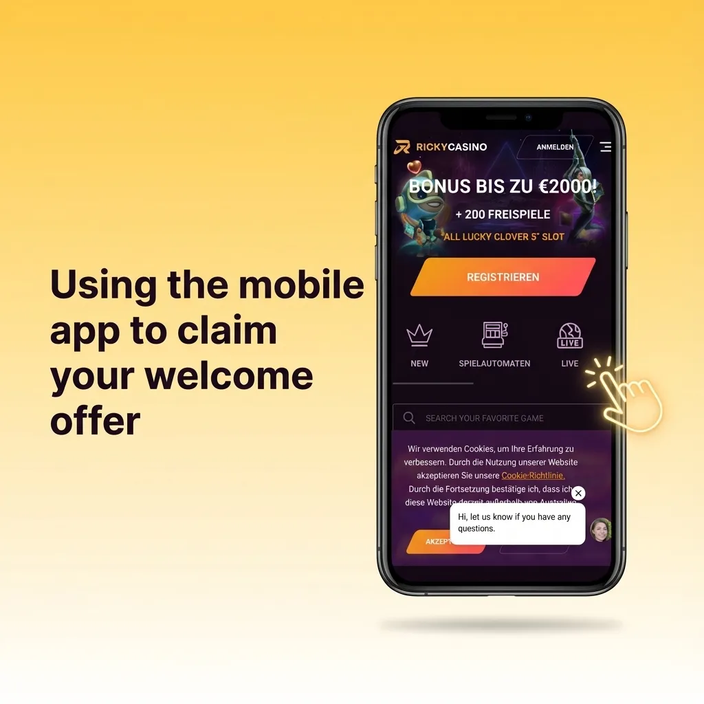Illustration of a user on a smartphone app registering, depositing, and claiming a casino welcome bonus and free spins