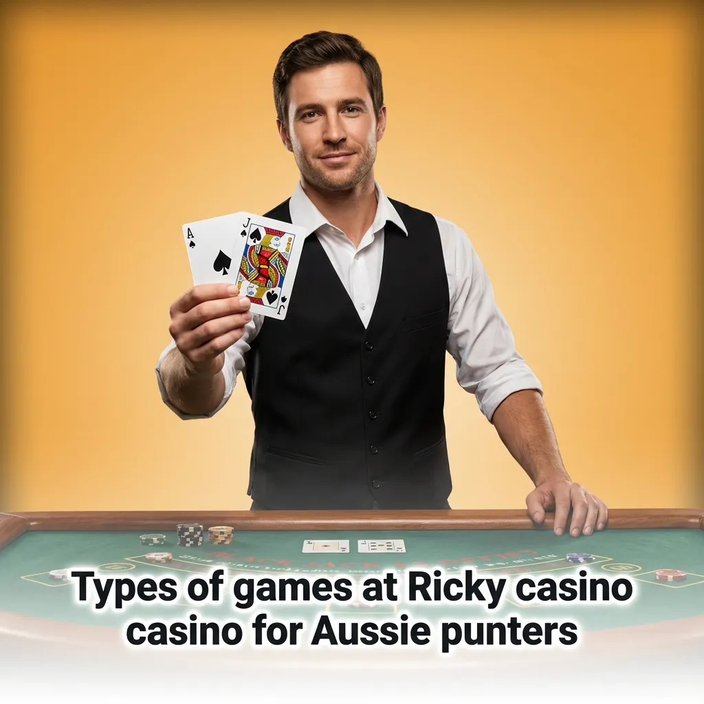 Collage of Ricky casino games for Aussies, showing pokies, crash games, table and card games, jackpots, and sports betting.