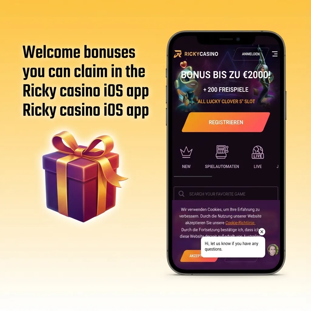 Ricky casino iOS app screen highlighting AU$7,500 welcome bonus, 550 Free Spins, and sports betting promos